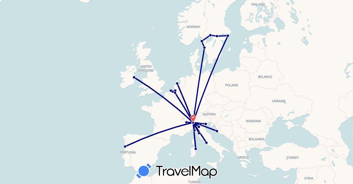 TravelMap itinerary: driving, hiking in Belgium, Switzerland, Croatia, Ireland, Italy, Netherlands, Portugal, Sweden (Europe)