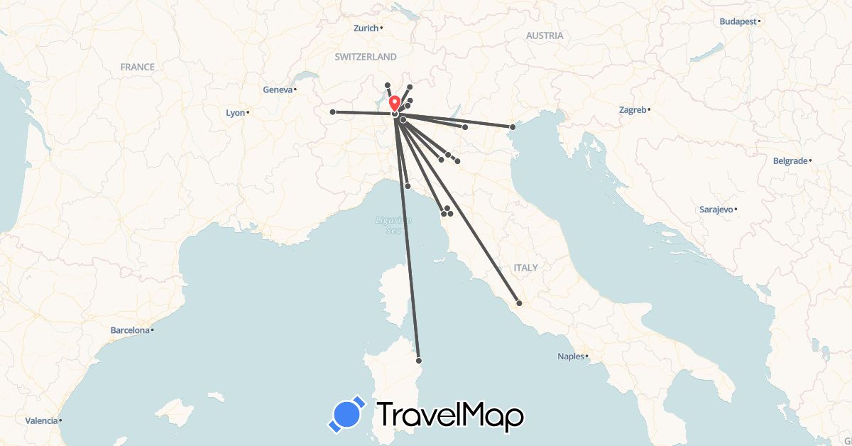 TravelMap itinerary: driving, hiking, motorbike in Switzerland, Italy (Europe)